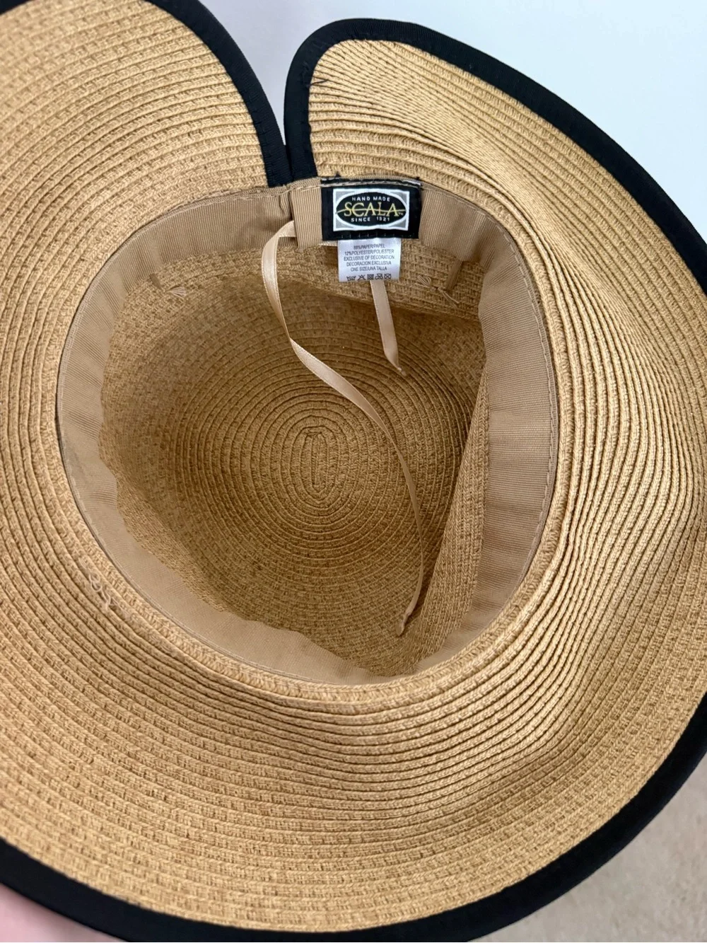 Scala Wide Brim Straw Sun Hat - Tan with Black Trim